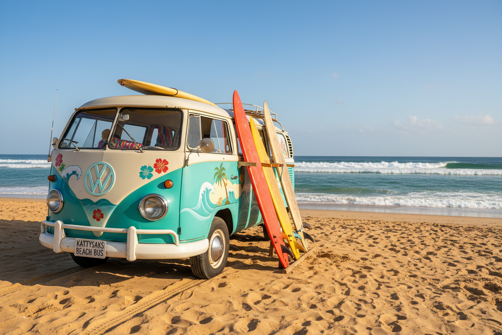 Volkswagen van with surfboards on a beach