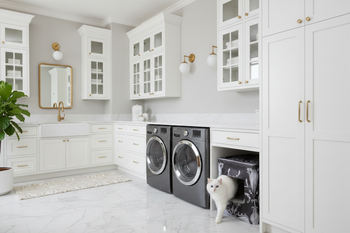 Le Dresser in Elegant Laundry Room - White Cat, Square Entrance